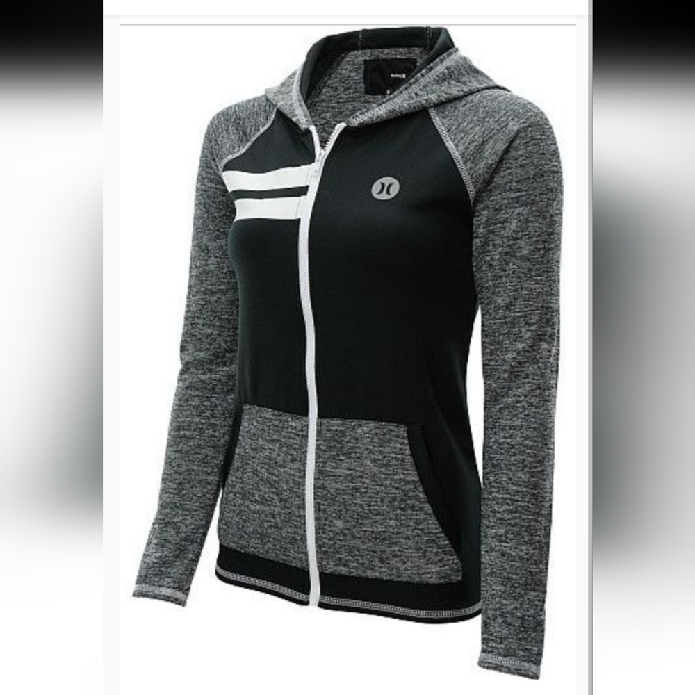 Hurley Black Gray Hooded Sweatshirt Full Zip Dri-Fit Women’s Large Kanga Pocket